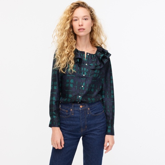 NWT, JCrew Collection Silk Twill Ruffle-Collar Top in plaid, Size Medium - Picture 2 of 3